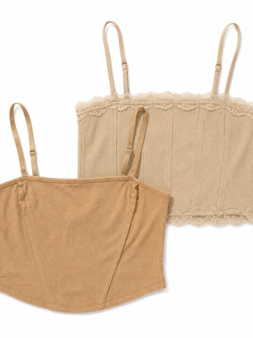 Ribbed Lace-Trim Bandeau Tops - Beige & Tan